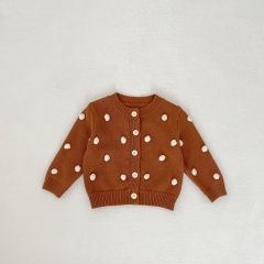 New Autumn Infant Baby Kids Girls Pure Cotton Polka Dot Balls Attached Long Sleeves Single Breasted Knitted Cardigan Wholesale