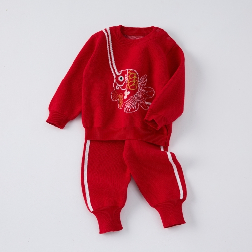 2024 Winter Infant Baby Unisex Fish Pattern Long Sleeves Knitted Pullover With Striped Pants Red Sets Wholesale