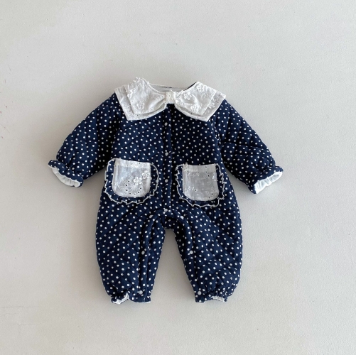 Infant Baby Girls Versatile One Piece Dots Pattern Bodysuit Thick Rompers in Winter Wholesale