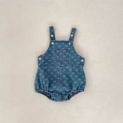 Infant Baby Bows Print Denim Sleeveless One Piece Bodysuit Strap Onesies Wholesale