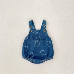 Infant Baby Teddy Bear Print Denim Sleeveless One Piece Bodysuit Strap Onesies Wholesale