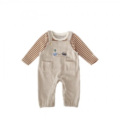 2025 Spring Infant Baby Unisex Striped Long Sleeves Top With Cartoon Embroidery Pattern Strap Overalls Sets Wholesale