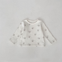 2025 Spring Infant Baby Unisex Teddy Bear Pattern Long Sleeves Top With Strap Overalls Sets Wholesale