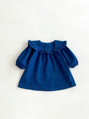 2025 Spring Infant Baby Kids Girls Denim Solid Color Blue Long Sleeves Dress Wholesale