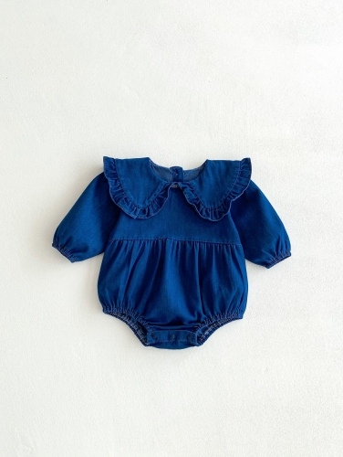 Infant Baby Girls Denim Solid Color Blue Long-sleeved One Piece Bodysuit Onesies Wholesale