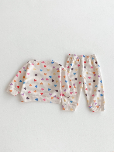 Spring Infant Baby Kids Colorful Heart Print Long Sleeves Waffle Grid Top + Trousers Casual Sets Wholesale