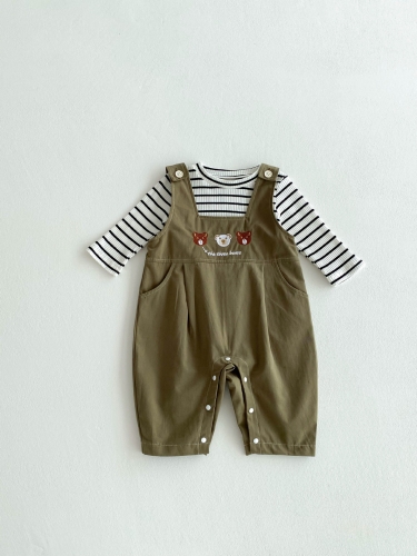 2025 Spring Infant Baby Girls Striped Long Sleeves Top With Cartoon Teddy Bear Pattern Strap Overalls Sets Wholesale