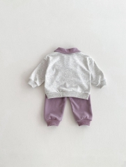 Spring Infant Baby Kids Preppy Style Pattern Turn-down Collar Long Sleeves Casual Top + Pants Sets Wholesale