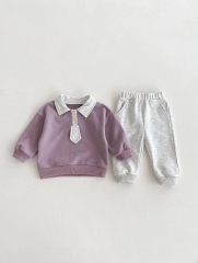 Spring Infant Baby Kids Preppy Style Pattern Turn-down Collar Long Sleeves Casual Top + Pants Sets Wholesale