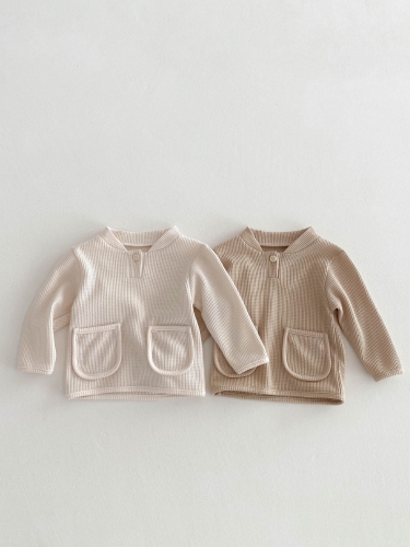 New Arrival Spring Baby Long Sleeves Simple Solid Color Waffle Grid Knitted Top Wholesale