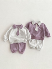 Spring Infant Baby Kids Preppy Style Pattern Turn-down Collar Long Sleeves Casual Top + Pants Sets Wholesale