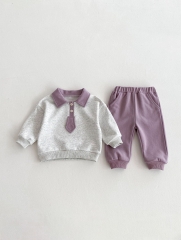 Spring Infant Baby Kids Preppy Style Pattern Turn-down Collar Long Sleeves Casual Top + Pants Sets Wholesale