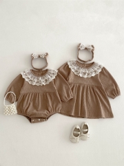 Spring Infant Baby Kids Girls Simple Long Sleeves Flowers Embroidered Tulle Collar Onesies/Dress Wholesale