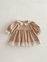 2025 Spring Infant Baby Kids Girls Simple Flowers Pattern Collar Princess Long Sleeves Dress Wholesale