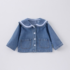 Spring New Arrival Infant Baby Kids Girls Navy Collar Long Sleeves Single Breasted Denim Jacket Wholesale