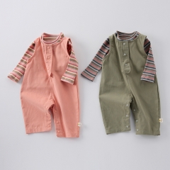 2025 Spring Infant Baby Unisex Striped Long Sleeves Top With Solid Color Sleeveless Overalls Sets Wholesale