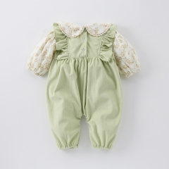 Infant Baby Girls Flowers Pattern Long-sleeved Corduroy Patchwork One Piece Rompers Wholesale