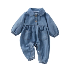 Infant Baby Unisex Denim Solid Color Long-sleeved One Piece Pocketed Rompers Wholesale