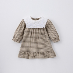 Infant Baby Girls White Flowers Embroidered Pattern Long-sleeved Plaid One Piece Dress Wholesale