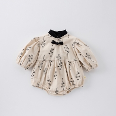 Infant Baby Girls Vintage Flowers Pattern Long-sleeved Stand Collar One Piece Rompers Wholesale