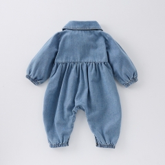 Infant Baby Unisex Denim Solid Color Long-sleeved One Piece Pocketed Rompers Wholesale