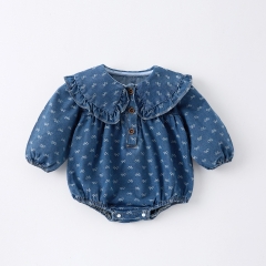 Infant Baby Girls Denim Butterfly-Bows Pattern Long-sleeved One Piece Bodysuit Onesies Wholesale