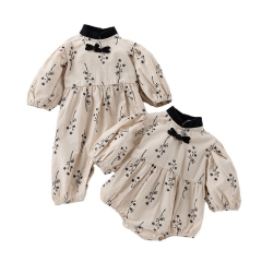 Infant Baby Girls Vintage Flowers Pattern Long-sleeved Stand Collar One Piece Rompers Wholesale