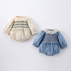 Infant Baby Girls Pleated Long Puff Sleeved One Piece Bodysuit Onesies Wholesale