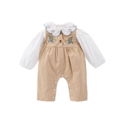 2025 Spring Infant Baby Girls Simple Embroidered Long Sleeves Top With Sleeveless Overalls Sets Wholesale