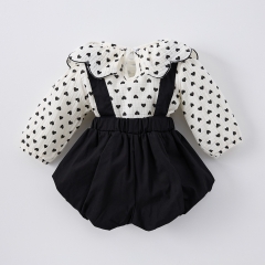 2025 Spring Infant Baby Girls Heart Print Long Sleeves Top With Plain Sleeveless Onesies Sets Wholesale
