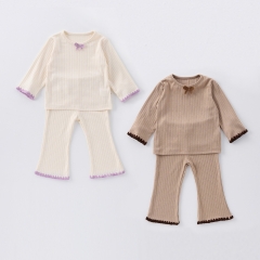 Spring Infant Baby Girls Simple Color Patchwork Long Sleeves Comfy Top + Trousers Pajamas Sets Wholesale