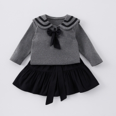 Spring Infant Baby Girls Preppy Style Long Sleeves Grey Top + Solid Color Skirt Sets Wholesale