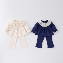 Spring Infant Baby Girls Floral Embroidered Collar Long Sleeves Comfy Dress Style Top + Trousers Sets Wholesale