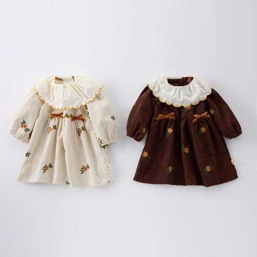 New Arrival Spring Infant Baby Kids Girls Stylish Flowers Embroidered Pattern Princess Long Sleeves Dress Wholesale