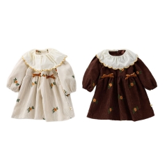 New Arrival Spring Infant Baby Kids Girls Stylish Flowers Embroidered Pattern Princess Long Sleeves Dress Wholesale
