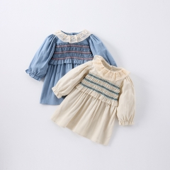 New Arrival Spring Infant Baby Kids Girls Stylish Pleated and Striped Princess Long Sleeves Dress Wholesale