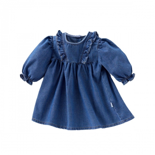 2025 Spring Infant Baby Kids Girls Solid Color Denim Long Sleeves Dress Wholesale