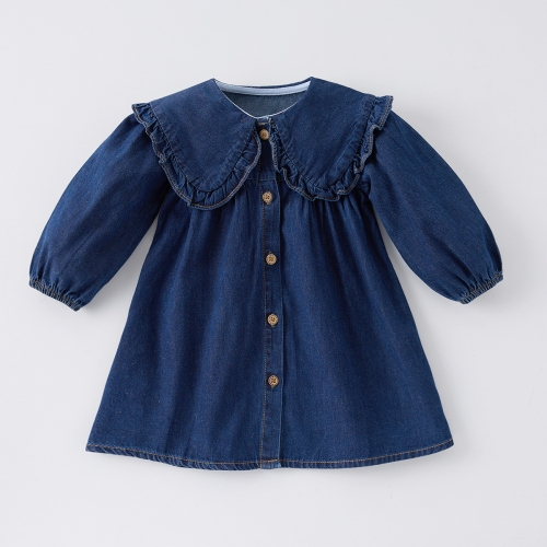 2025 Spring Infant Baby Kids Girls Solid Color Denim Long Sleeves Dress Wholesale