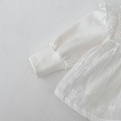 Infant Baby Girls Lace Trim Neck Long-sleeved Floral Embroidered One Piece Bodysuit Onesies Wholesale