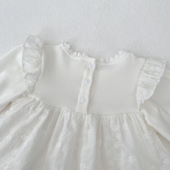 Infant Baby Girls Lace Trim Neck Long-sleeved Floral Embroidered One Piece Bodysuit Onesies Wholesale