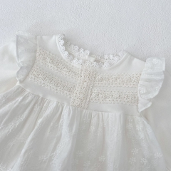 Infant Baby Girls Lace Trim Neck Long-sleeved Floral Embroidered One Piece Bodysuit Onesies Wholesale