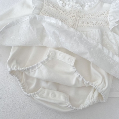 Infant Baby Girls Lace Trim Neck Long-sleeved Floral Embroidered One Piece Bodysuit Onesies Wholesale