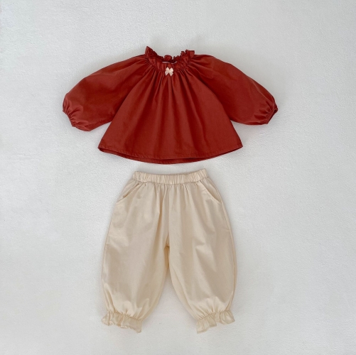 Spring Infant Baby Girls Ruffle Neck Long Sleeves Red Top + Beige Pants Sets Wholesale