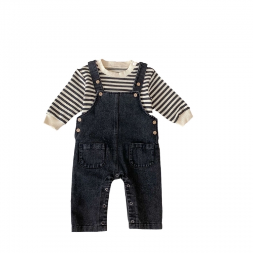 2025 Spring Infant Baby Unisex Striped Long Sleeves Onesies With Denim Overalls Sets Wholesale