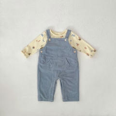 2025 Spring Infant Baby Unisex Geometric Pattern Long Sleeves Top With Blue Overalls Sets Wholesale