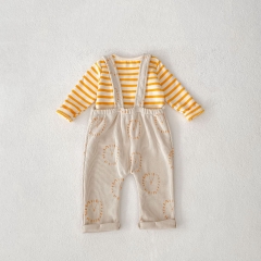 2025 Spring Infant Baby Unisex Striped Pattern Long Sleeves Top With Lion Pattern Overalls Sets Wholesale