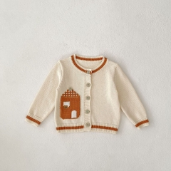 New Spring Infant Baby Kids Pure Cotton House Jacquard Pattern Long Sleeves Single Breasted Knitted Cardigan Wholesale