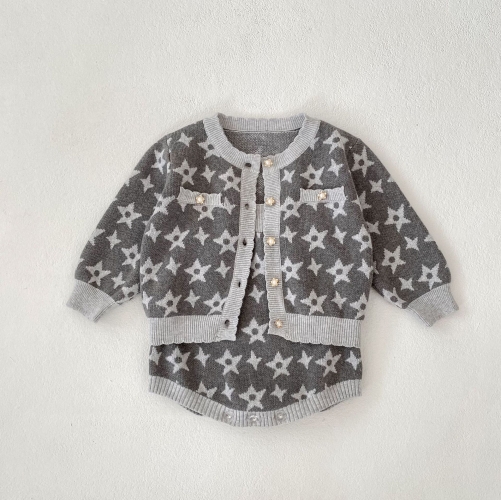 2025 Spring Infant Baby Unisex Stars Pattern Long Sleeves Cardigan With Strap Bodysuit Onesies Sets Wholesale