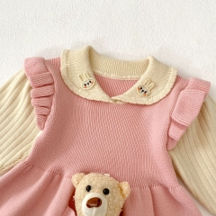 2025 Spring Infant Baby Kids Girls Color Patchwork Long Sleeves Teddy Attached Dress Wholesale