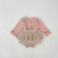 2025 Spring Infant Baby Girls Color Patchwork Long Sleeves Top With Overalls Sets Wholesale